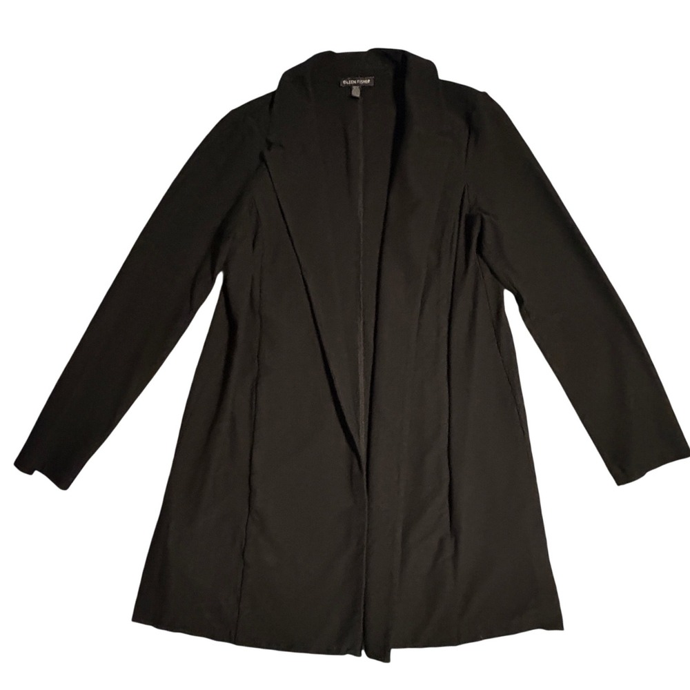 Eileen Fisher | Black Viscose Blend Open Front Long Sleeve Cardigan | Small